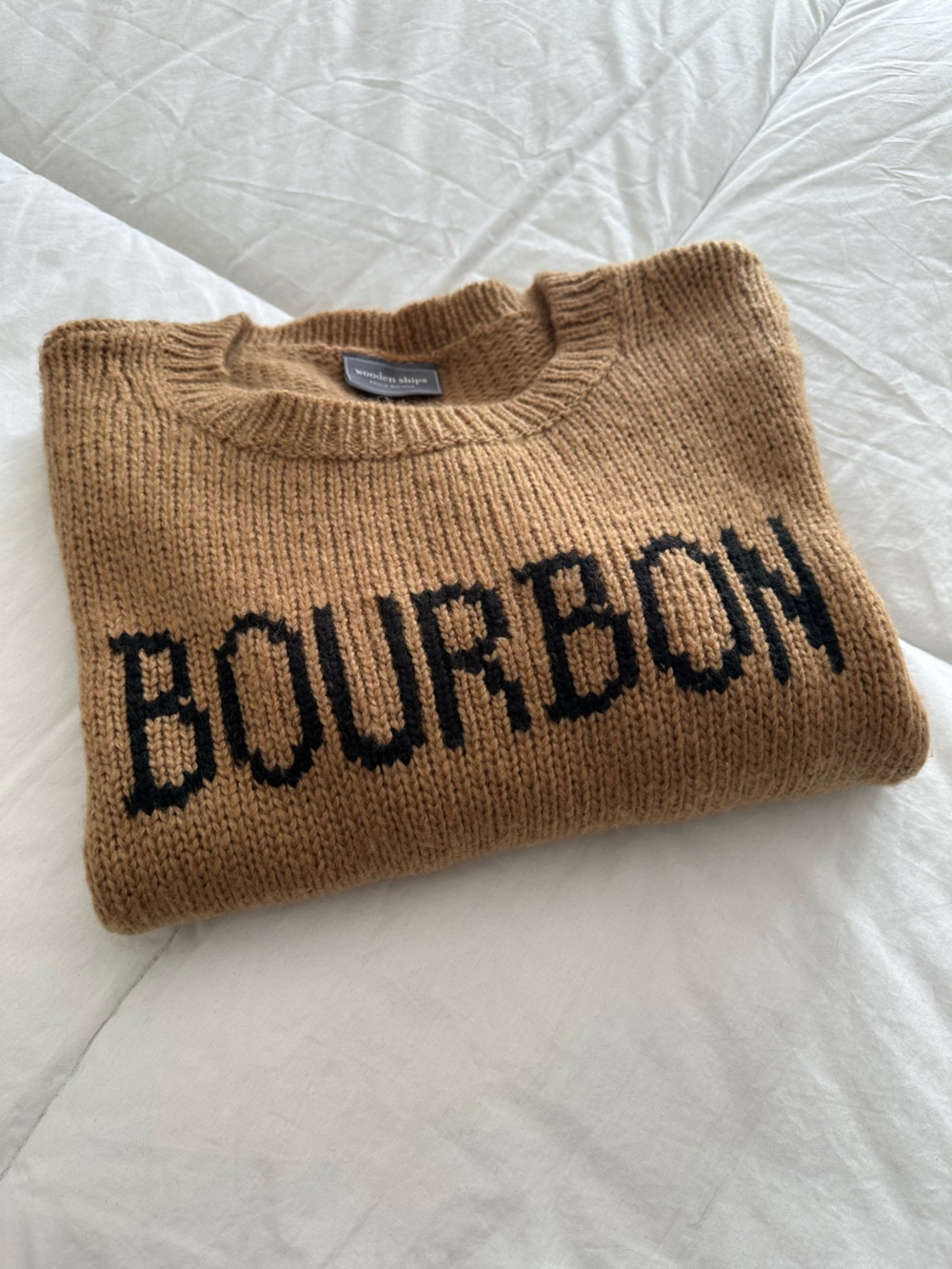 Wooden Ships Camel Crewneck Sweater with Black BOURBON Text size S/M - Picture 16 of 16